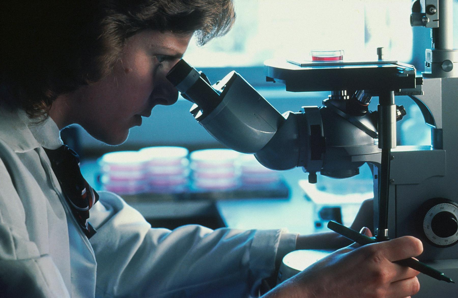 Scientist looking through a microscope